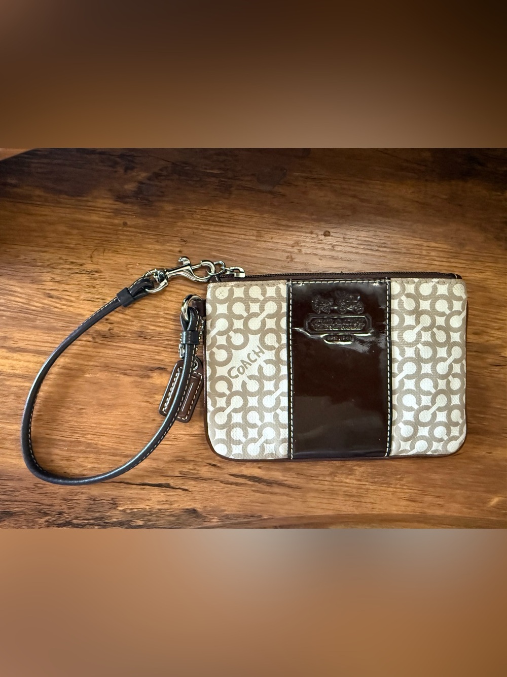 Coach Small Wristlet with Pink Interior and Brown Trim